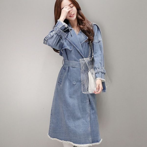 

korean fashion women long denim coat spring autumn double breasted slim blue outerwear streetwear casual sashes windbreakers, Tan;black