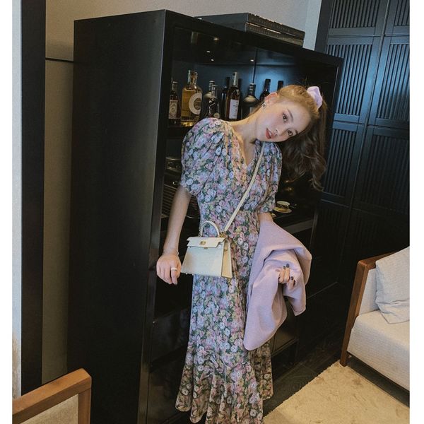 

floral chiffon dress womens 2020 early spring and autumn new french retro waist slimming platycodon grandiflorum long skirt tide, Red