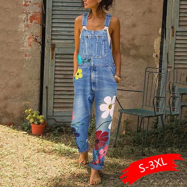 

2019 new brand autumn jumpsuit women blue long denim jeans casual floral printed pocket jeans romper trendy femme long overalls, Black;white