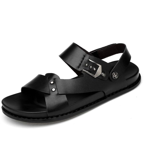 

sandals for men sandals men genuine leather full grain leather soft sole casual sandles mens summer, Black