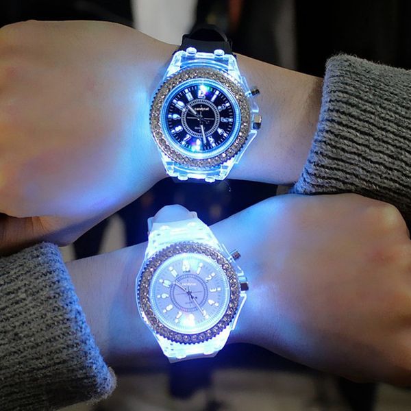 

sports women lady girl rubber band candy wrist watch couple jelly rhinestone led night light quartz watch colorful strap, Slivery;brown