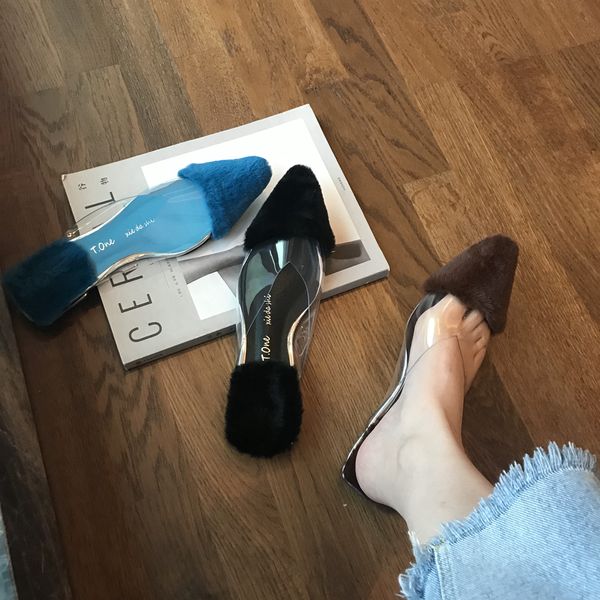 

zapatos de mujer furry slides designer slides outdoor ladies slippers shoes pointed transparent low heel mules shoes, Black