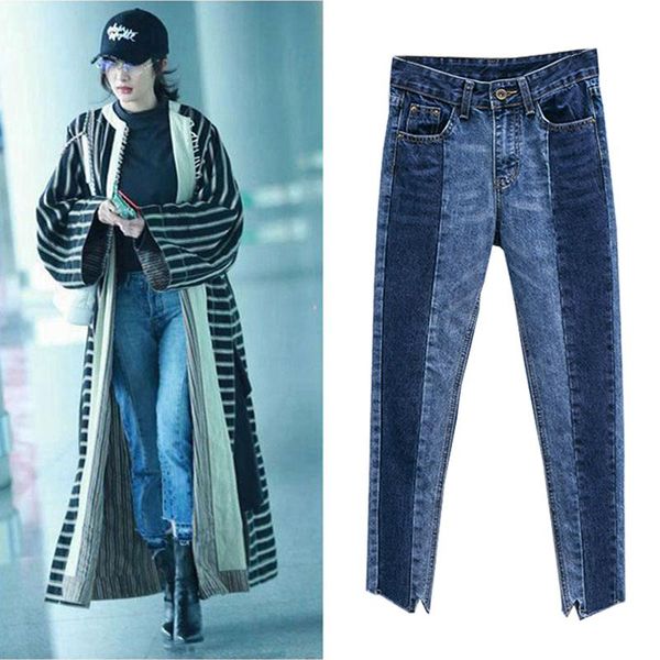 

plus size xl-4xl patchwork jeans female irregular hem denim long trousers for women fashion straight feet jeasn, Blue