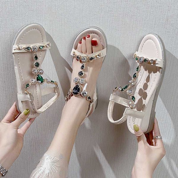 

rhinestone sandals black shoes for women flip flops platform med 2020 summer buckle strap clear heels wedge with beige