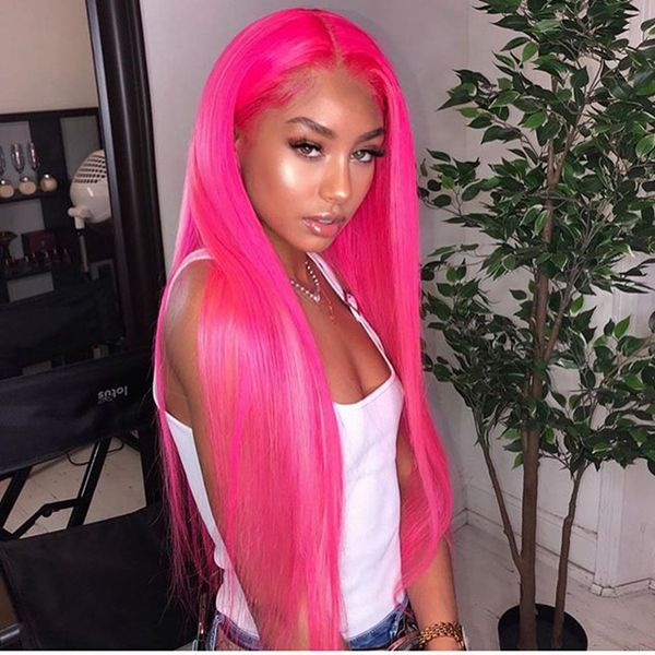 

pink straight human hair lace front wigs for women, silky straight human hair pink color glueless full lace wigs, wigs, Black;brown