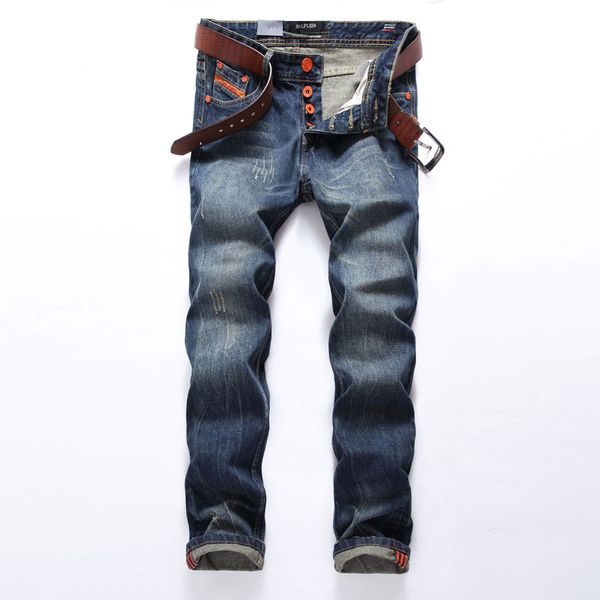 

2019 fashion men jeans brand straight fit ripped jeans italian designer 100% cotton distressed denim homme, Blue