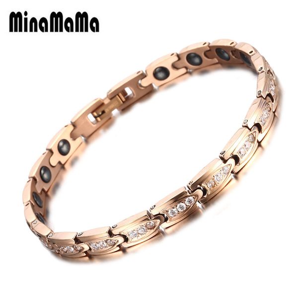 

new fashion hematite health bracelet gold rose color stainless steel chain with zircon stone bracelet for woman gift, Black