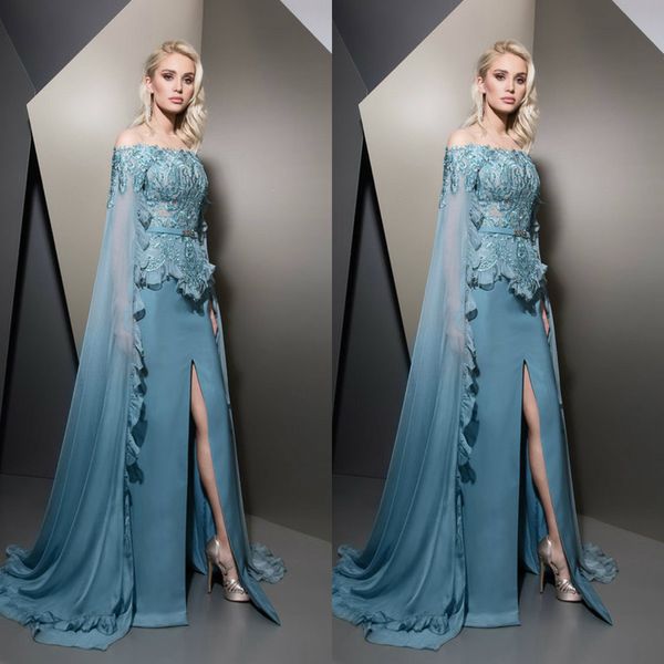 

зиад накад 2019 фронт сплит вечерние платья кружева аппликации пром платья бато декольте развертки поезд бусины блестки роскошные линии плат, Black;red