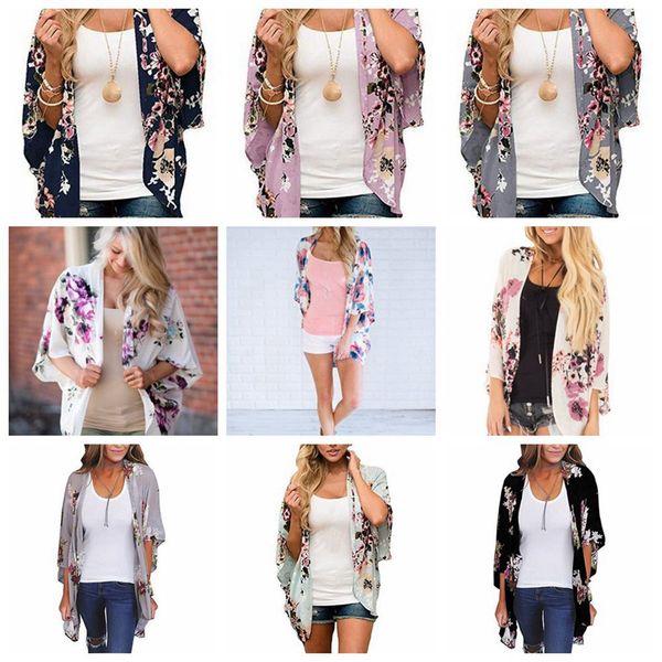 

women floral suntan cardigan coat batwing sleeve blouse cover summer chiffon beach cape bikini cover-ups loose kimono beachwear ljja2479-16, White