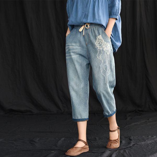 

summer jeans women retro slim-type denim pants new elastic waist embroidery pocket vintage trousers mori girl casual pants, Blue
