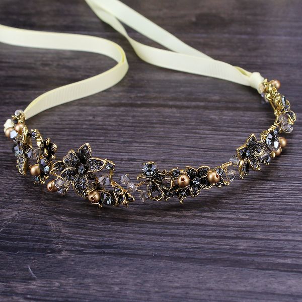 

baroque vintage alloy black crystal beads bridal headpiece flower rhinestone wedding headband for women prom hair accessories, Golden;white