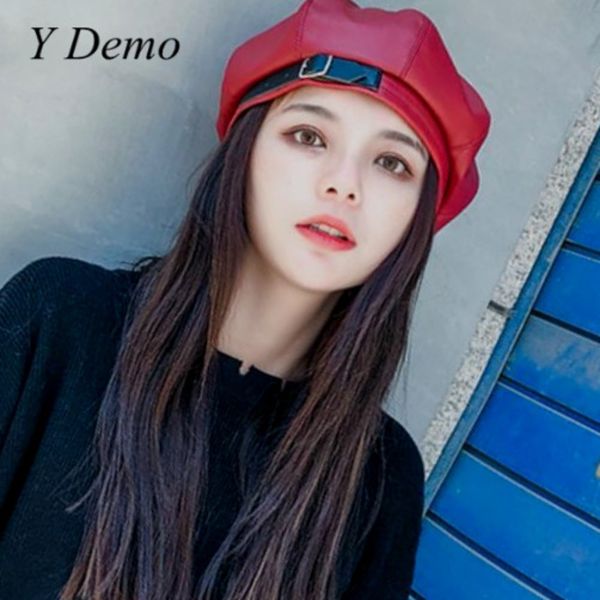 

punk rock pu leather beret casual streetwear women buckle berets, Blue;gray