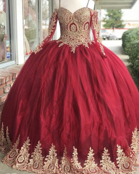 

fancy burgundy ball gown prom evening dresses with long sleeves cold shoulder gold applique lace satin sweet 16 dress for girls women, Black