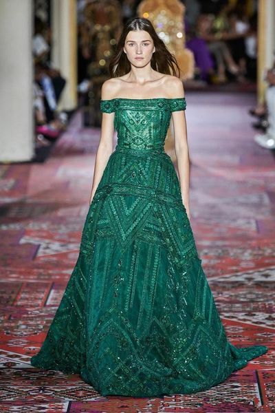 Elie Saab 2020 Couture Мода Плюс Размер плеча Зеленый Пром платья с коротким рукавом Поезд стреловидности формальный повод выпускном платье