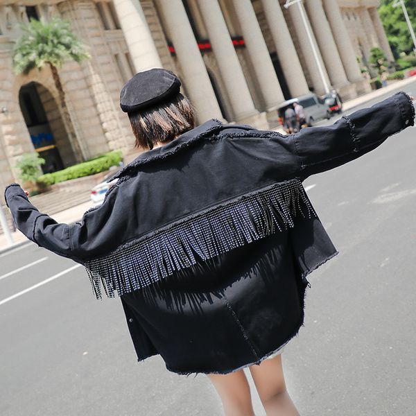 

women black loose denim coat sanding edge fringes jacket single breasted spring autumn overcoat new arrival big size sale, Black;brown