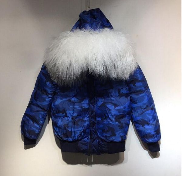 

white mongolia sheep fur trim mukla furs brand women snow parkas 90% down fill lining blue mini bomber nylon jackets, Black