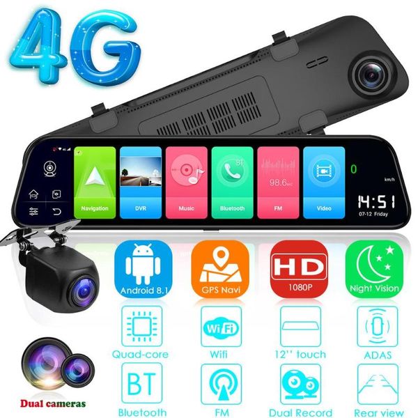 

car dvr 4g android adas 12 inch stream rear view mirror fhd 1080p camera dash cam video recorder wifi gps navigation dual lens