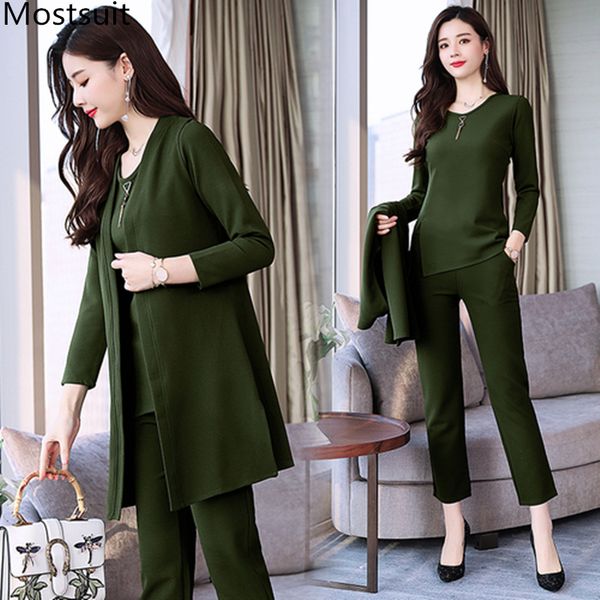 

spring autumn 3 piece set women long coat t-shirt and pants sets casual elegant three piece sets suits women's costumes, White