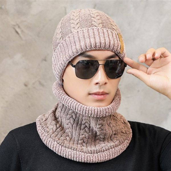 

2pc men winter beanie hat scarf set outdoor camping hiking skiing scarf with hat warm knit thick knit skull cap#g3, Black