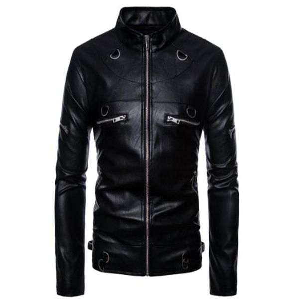 

men's autumn/winter new motorcycle style leather jacket men's pu-colored leather jacket stand collar coat, Black