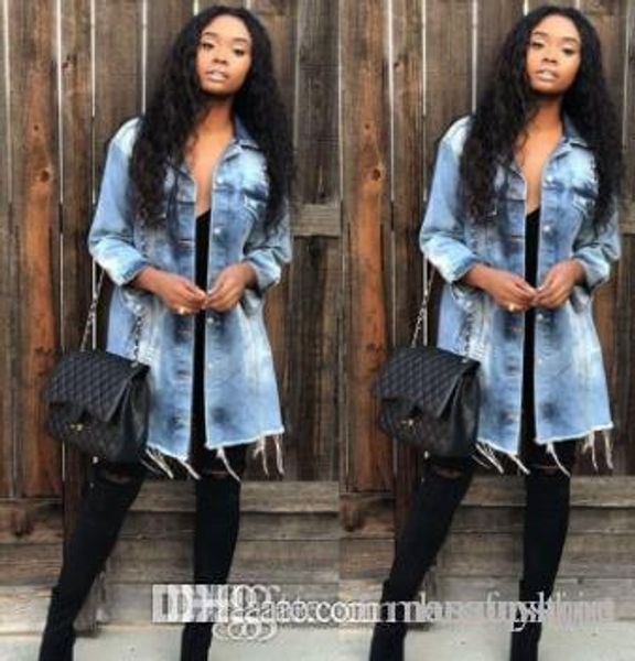 

women denim blue jacket long slim fit single breasted holes designer coats jackets, Black;brown