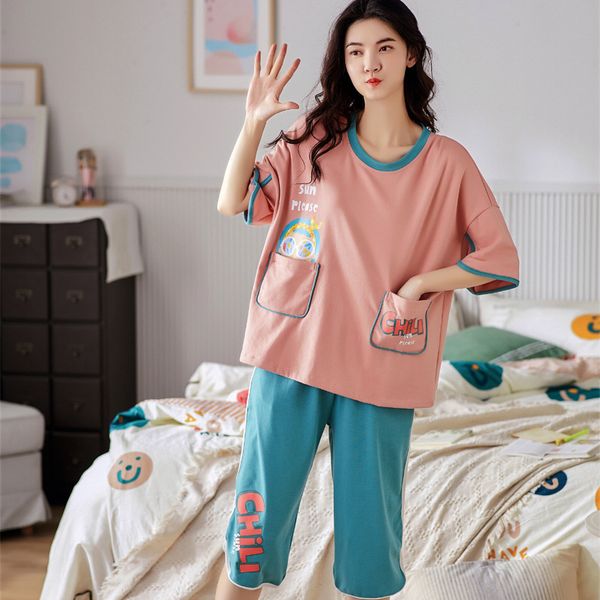 

pajamas for women summer cotton short-sleeved home wear cropped trousers thin section korean can be worn outside suit pyjama set, Black;red