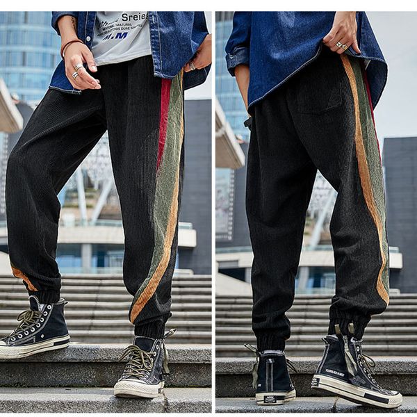 

флис мужчины моды цвет блок вельветовые брюки sweatpants повседневный радуга газа строчка упругие ретро шаровары брюки y, Black