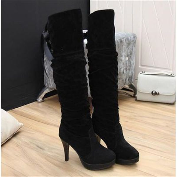 

2019 autumn and winter new over-the-knee boots slim leather boots stiletto plus velvet long high-heeled elastic, Black