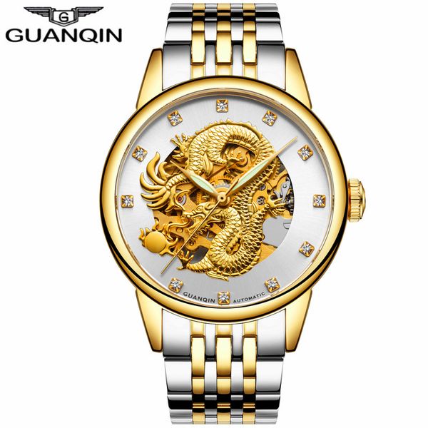 

relogio masculino guanqin luxury brand skeleton gold dragon stainless steel watch men business automatic mechanical wristwatch, Slivery;brown
