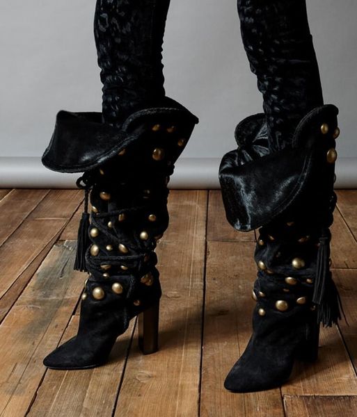 

fashion black suede leather women pointy toe knee high boots golden studs ladies super high chunky heel boot lace up knight boot