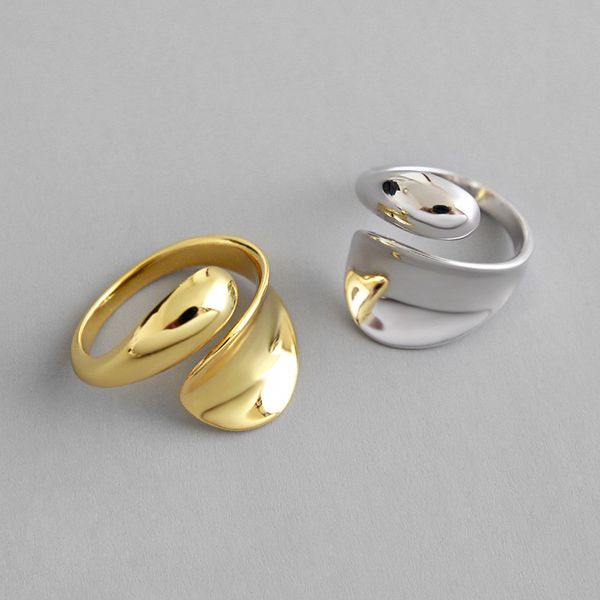 

100% 925 sterling silver smooth face open rings for women irregular wide adjustable statement ring silver gold color, Black