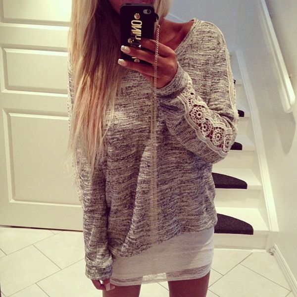 

2020 womens lace long sleeve t shirt crewneck fashion ladies shirt, White