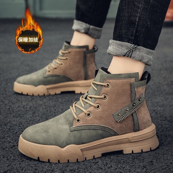

2019 winter high boots men's plush warm outdoor leisure boots british tooling, Black