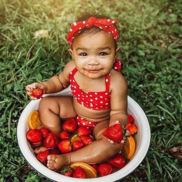 

baby girl red bikini swim swimsuit polka dot bikini suit and headband 3 pieces, White;black