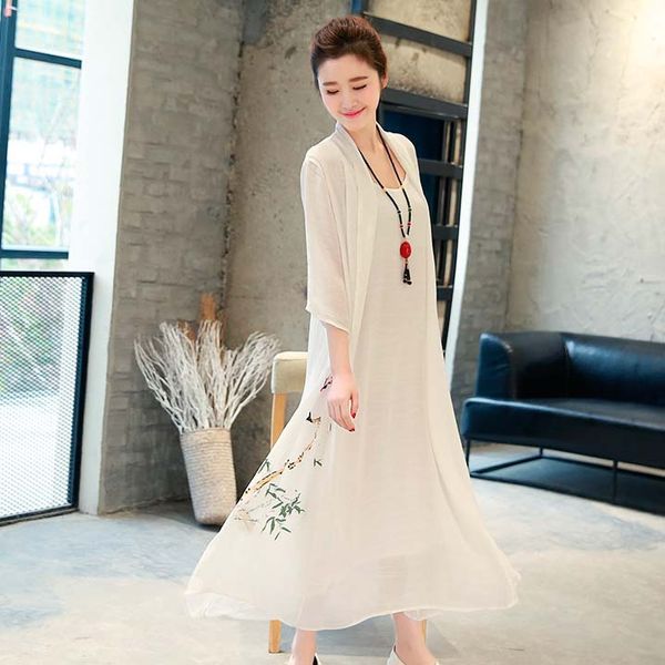 

clobee women office dress kimono cotton and linen ukraine summer dress loose two piece vintage floral print long, Black;gray