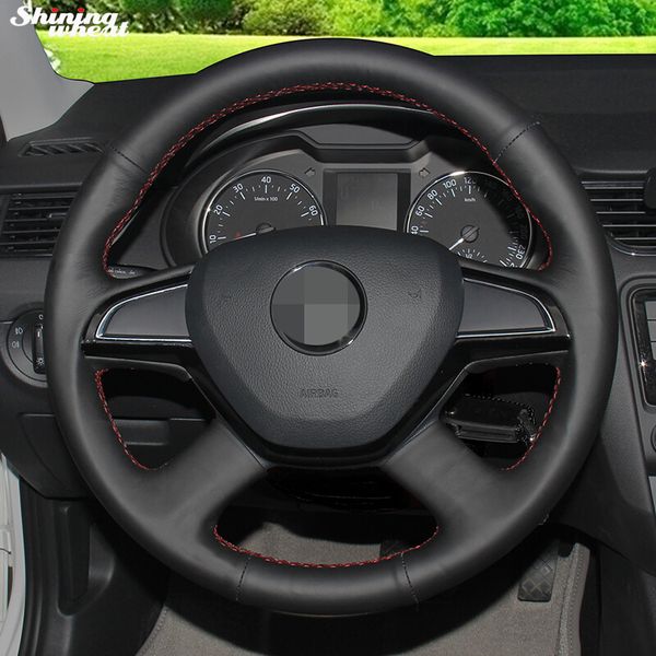

shining wheat black leather car steering wheel cover for octavia 2015-16 fabia 2014 rapid 2013-15 superb 2013-2016