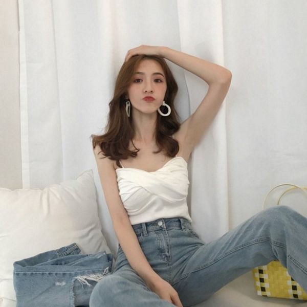 

women spaghetti solid color vintage wrinkle crop tank for summer js25, White