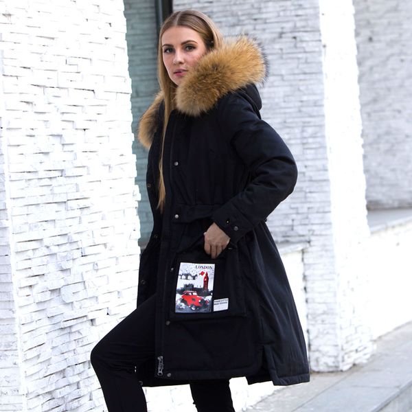 

big real raccoon fur 2018 winter jacket women parkas for female white duck down coat thick warm hooded women winter down jacket, Black