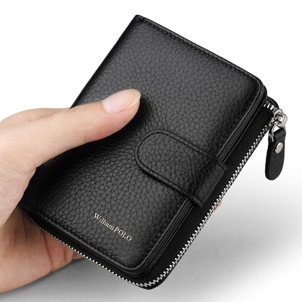 

williampolo men wallet short accordion holder purse genuine leather multi card organizer snap fastener zip around, Red;black