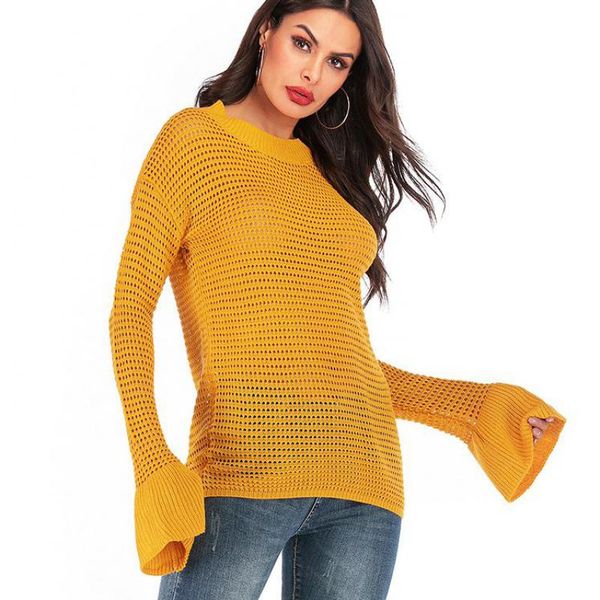 

new fashion females hollowing out splicing flare sleeve knitting 2019 autumn trend womens casual loose knitting sweaters, White;black