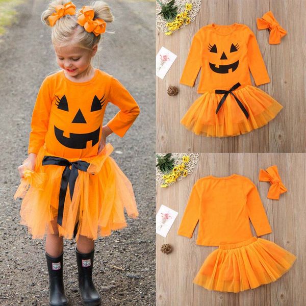 

Newborn Baby Girls Clothes Pumpkin print long sleeve round neck Tops Tulle Skirts Bow Headband 3pc cotton Halloween kids Outfit