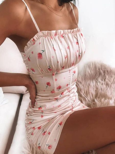 

summer cami mini bodycon square neck floral dress 2020 floral spaghetti strap ruffle trim dress, Black;gray