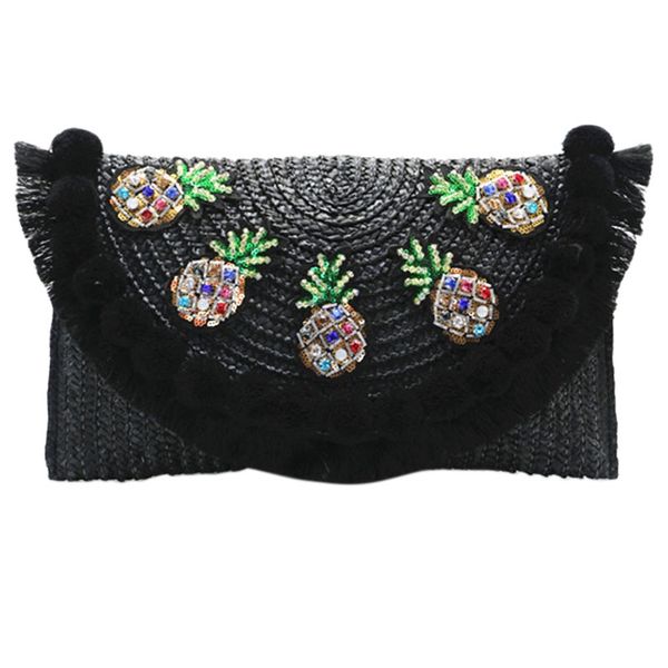 

fggs-beach bag straw clutch messenger bag envelope women lady day tassels pineapple summer crossbody bags(black