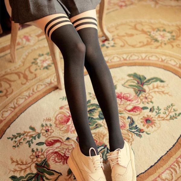 

2019 lady women over the knee double stripe sheer black temptation sheer mock pantyhose stockings fitness leggings, Black;white