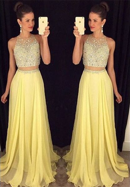 

two pieces chiffon prom dresses with sparkly crop a-line skirt two pieces evening gowns custom made pageant dresses, Black