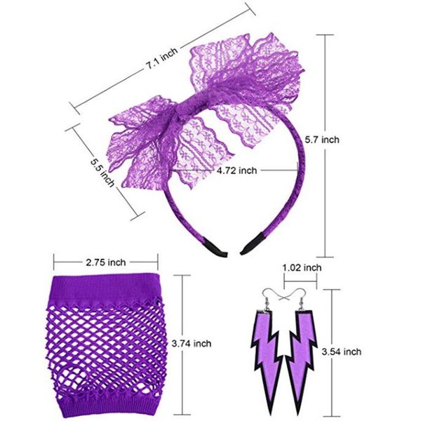 

women costume accessories set lace headband neon earrings fingerless fishnet gloves for pop 80's party fancy dress outfit, Black;white
