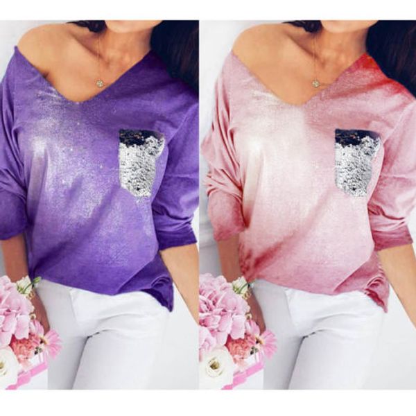 

fashion 2019 womens ladies summer long sleeve v-neck sequined shirts casual tees loose t shirt, White