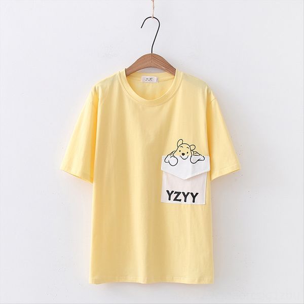 

2020 cotton round collar cartoon printed pocket all-match slim women's 2020 cotton round t-shirt collar t-shirt cartoon printed pocket, White