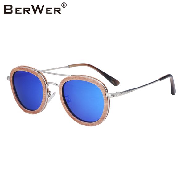 

berwer new round wood sunglasses for men women retro sun glasses polarized lens uv400 sunglass with case, White;black