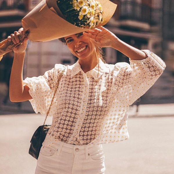 

women's blouses & shirts vintage lapel long sleeve shirt transparent printed blouse 2021 summer beach fashion early autumn women, White